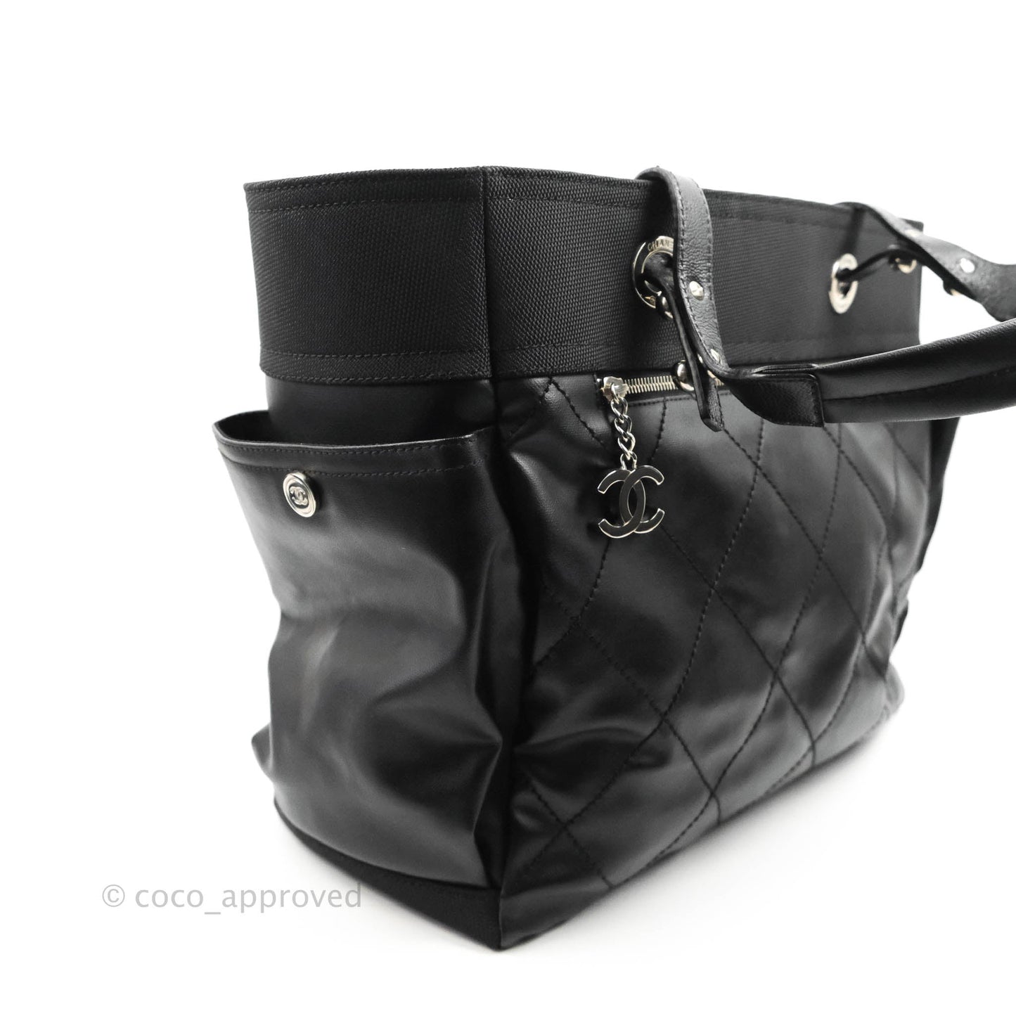 Chanel Quilted Large Paris Biarritz Tote Black Coated Canvas