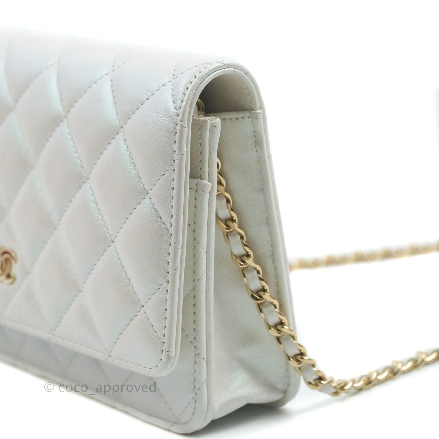 Chanel Quilted Classic Wallet on Chain WOC Iridescent White Lambskin Gold Hardware