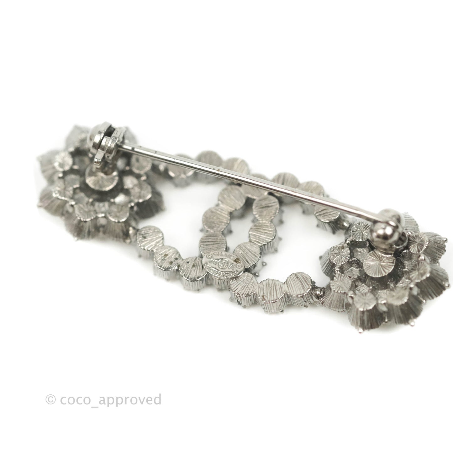 Chanel CC Crystal Camellia Flower Lotus Snowflake Brooch Silver Tone 15A