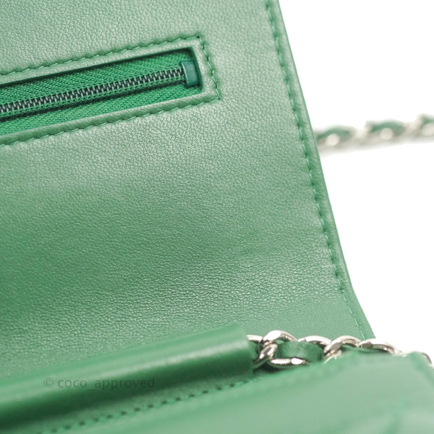 Chanel Quilted Classic Wallet on Chain WOC Green Lambskin Silver Hardware
