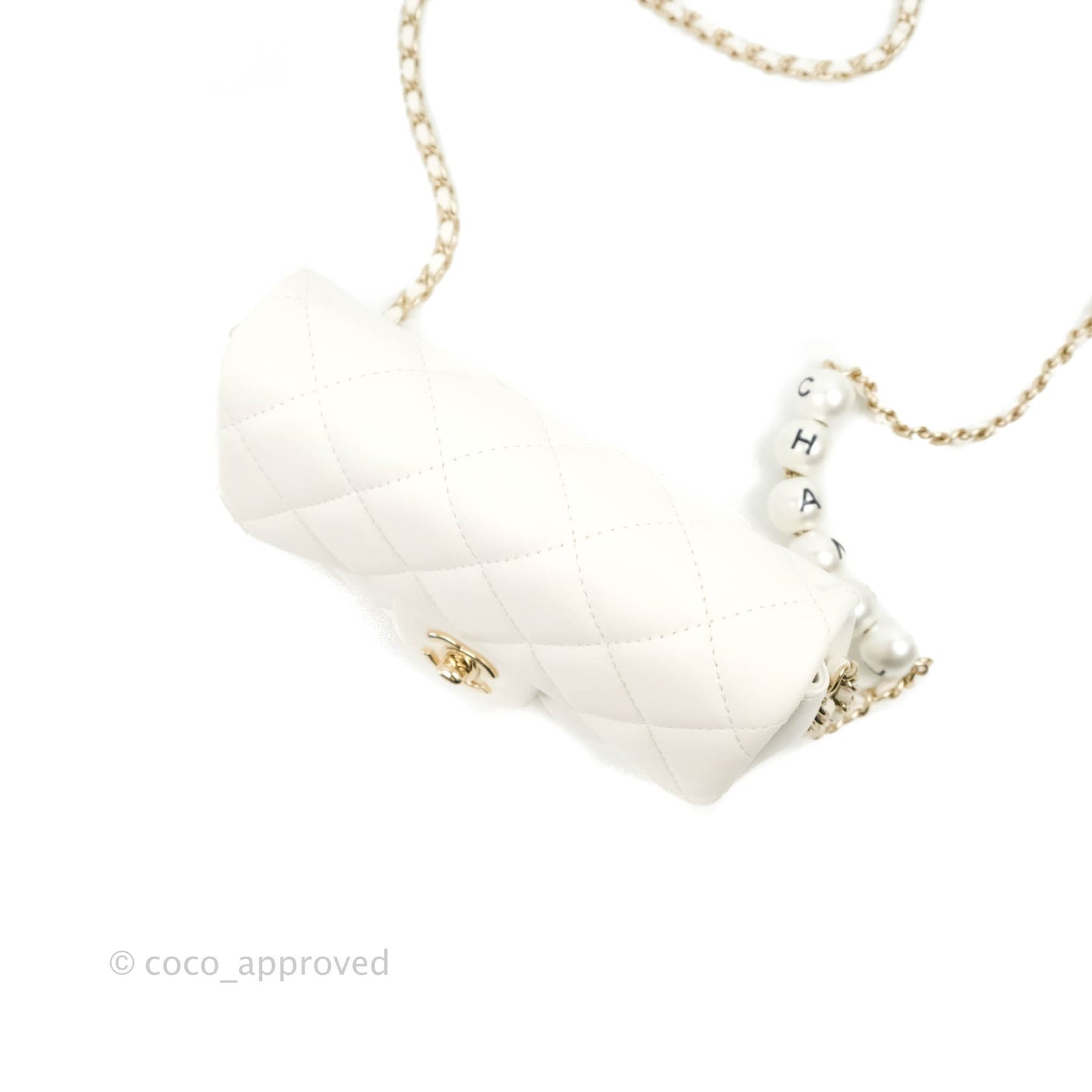 Chanel Small Logo Pearl Chain Flap Bag White Lambskin Gold Hardware