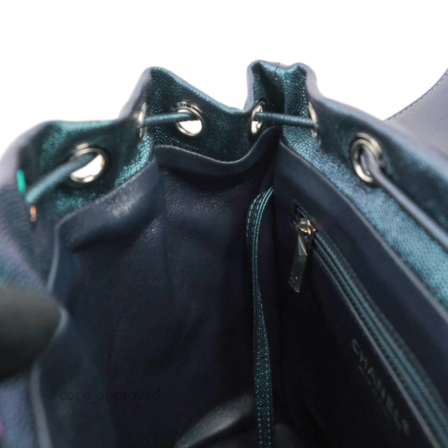 Chanel Quilted CC Filigree Backpack Caviar Iridescent Dark Turquoise Rainbow Hardware