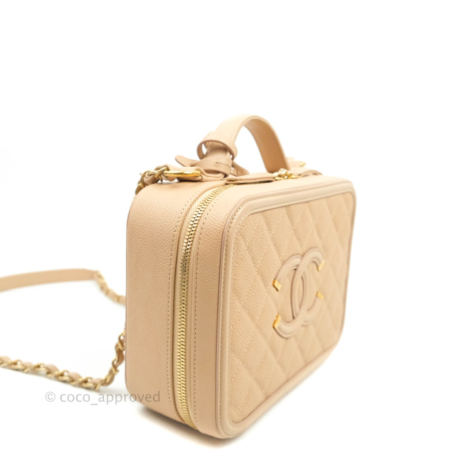 Chanel Quilted Medium CC Filigree Vanity Case Beige Caviar Gold Hardware