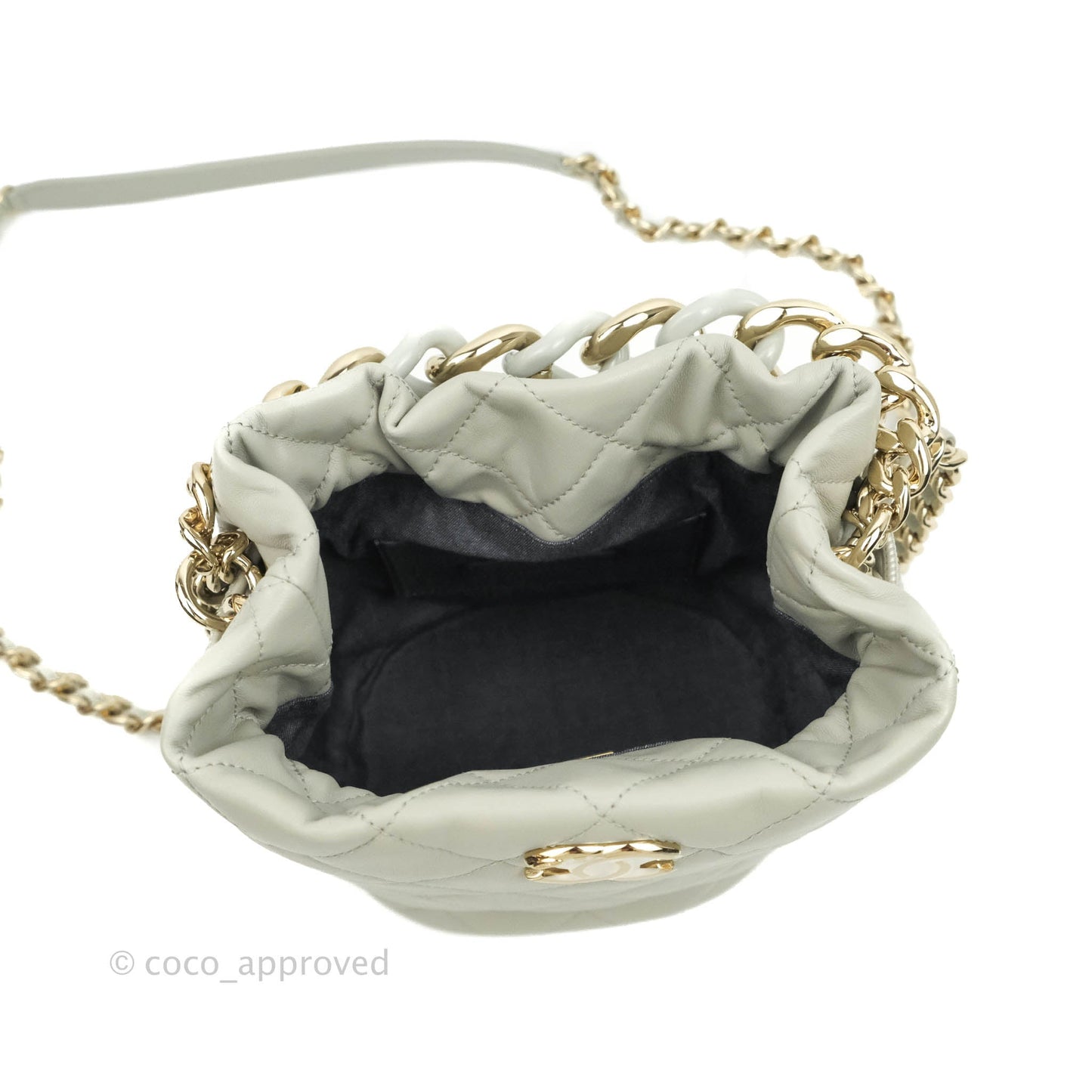Chanel Quilted Drawstring Bucket Bag Grey Lambskin Gold Hardware 22C
