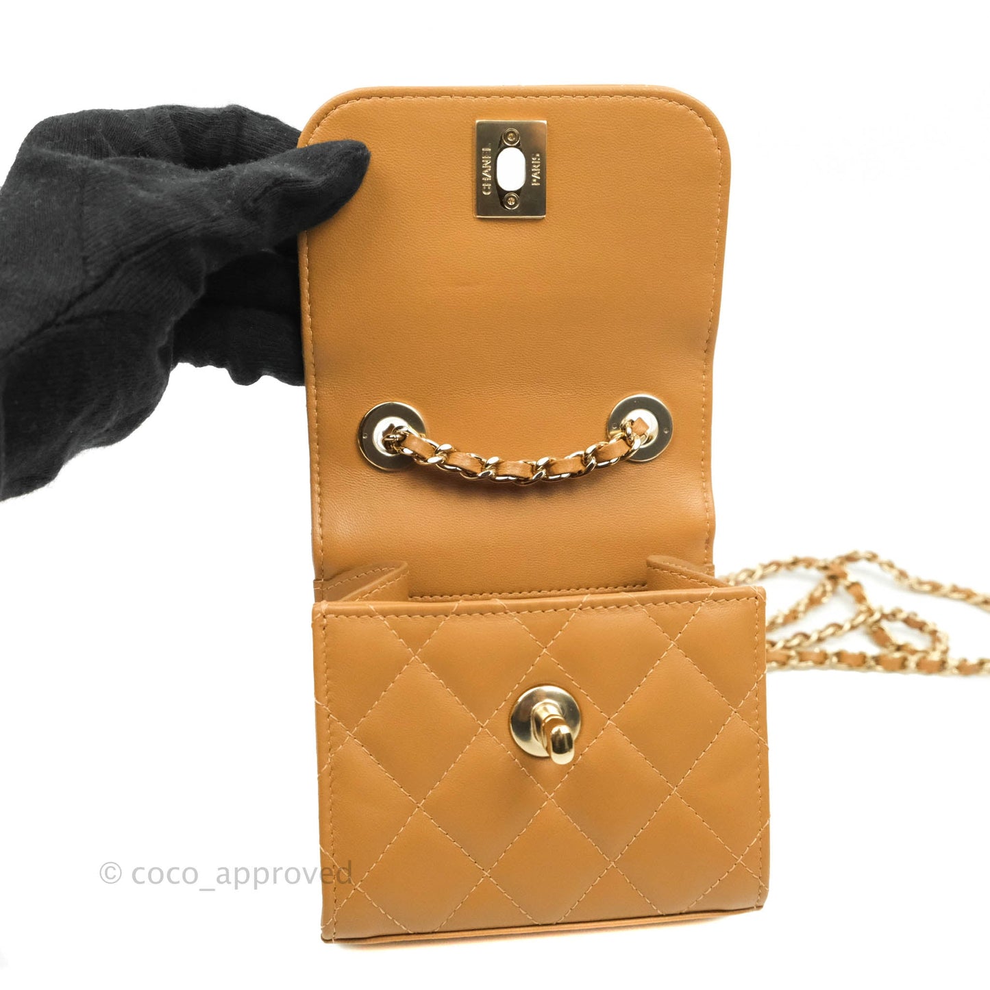 Chanel Mini Quilted Trendy CC Clutch With Chain Caramel Dark Beige Lambskin Gold Hardware