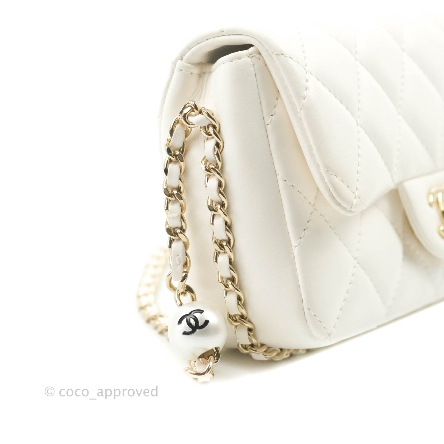 Chanel Small Logo Pearl Chain Flap Bag White Lambskin Gold Hardware