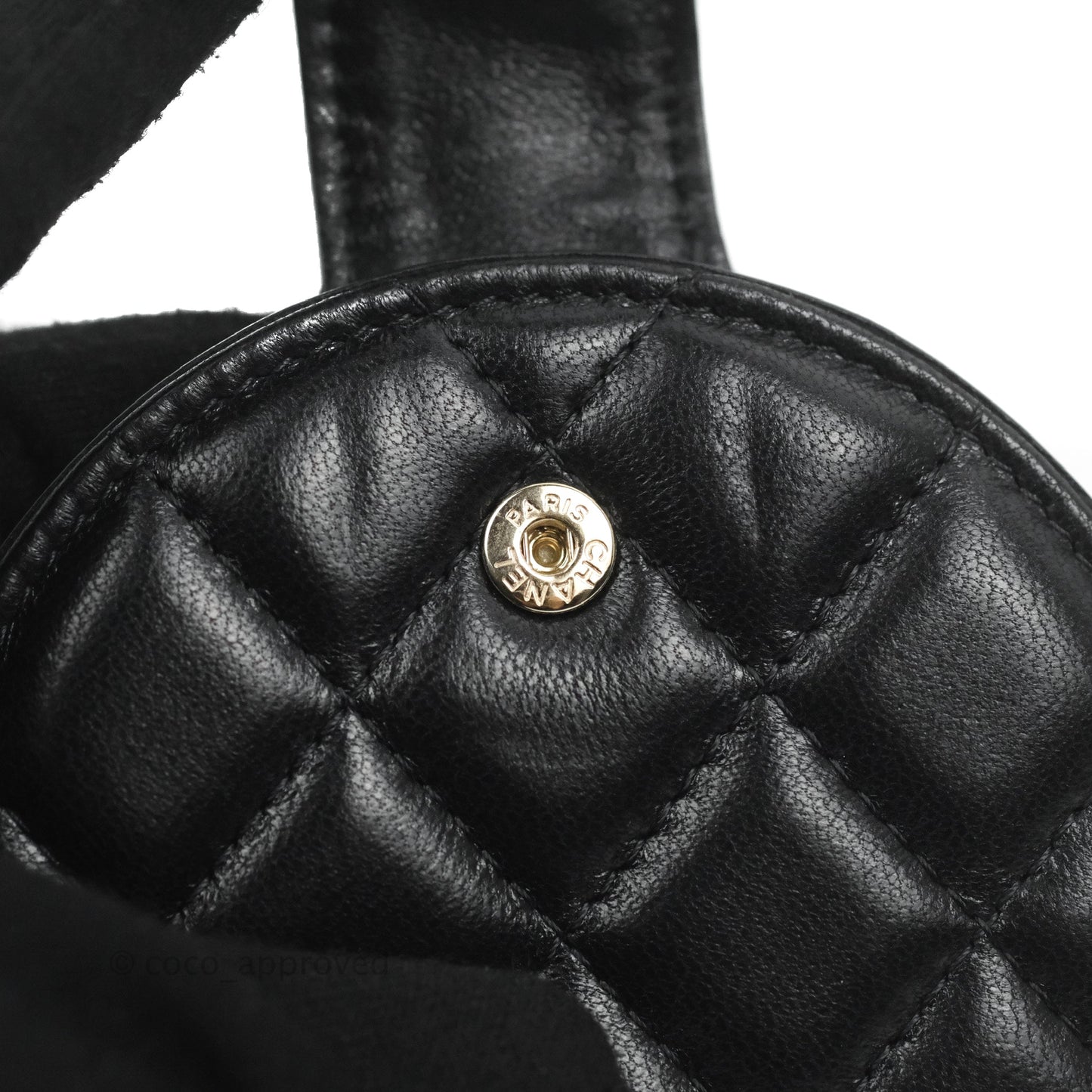Chanel Quilted Round Luggage Tag Black Lambskin Gold Hardware