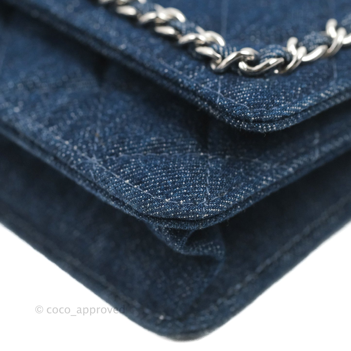 Chanel Quilted Chain Around Wallet on Chain WOC Dark Blue Denim Silver Hardware