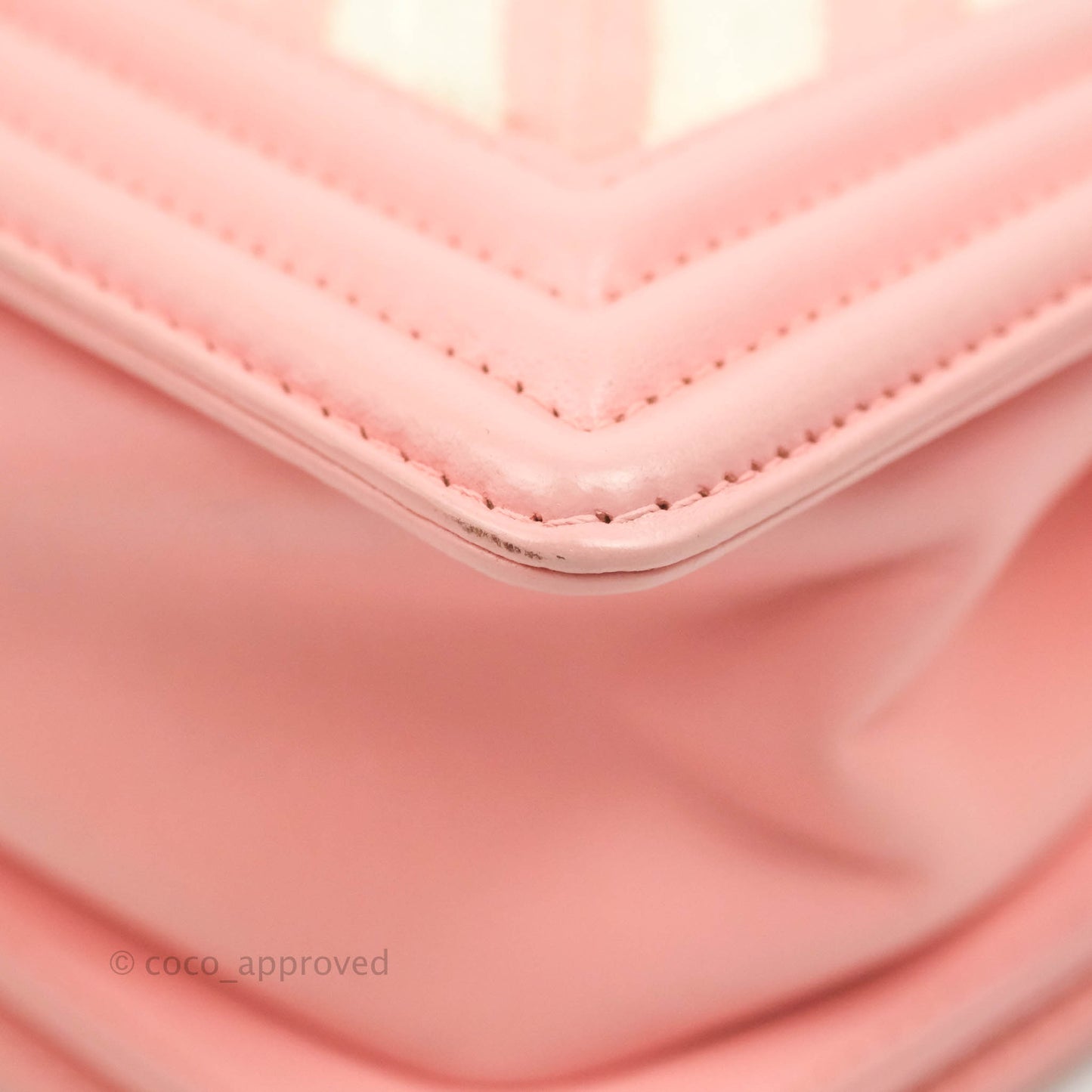 Chanel Chevron Small Boy Fabric Pink & White Aged Gold Hardware