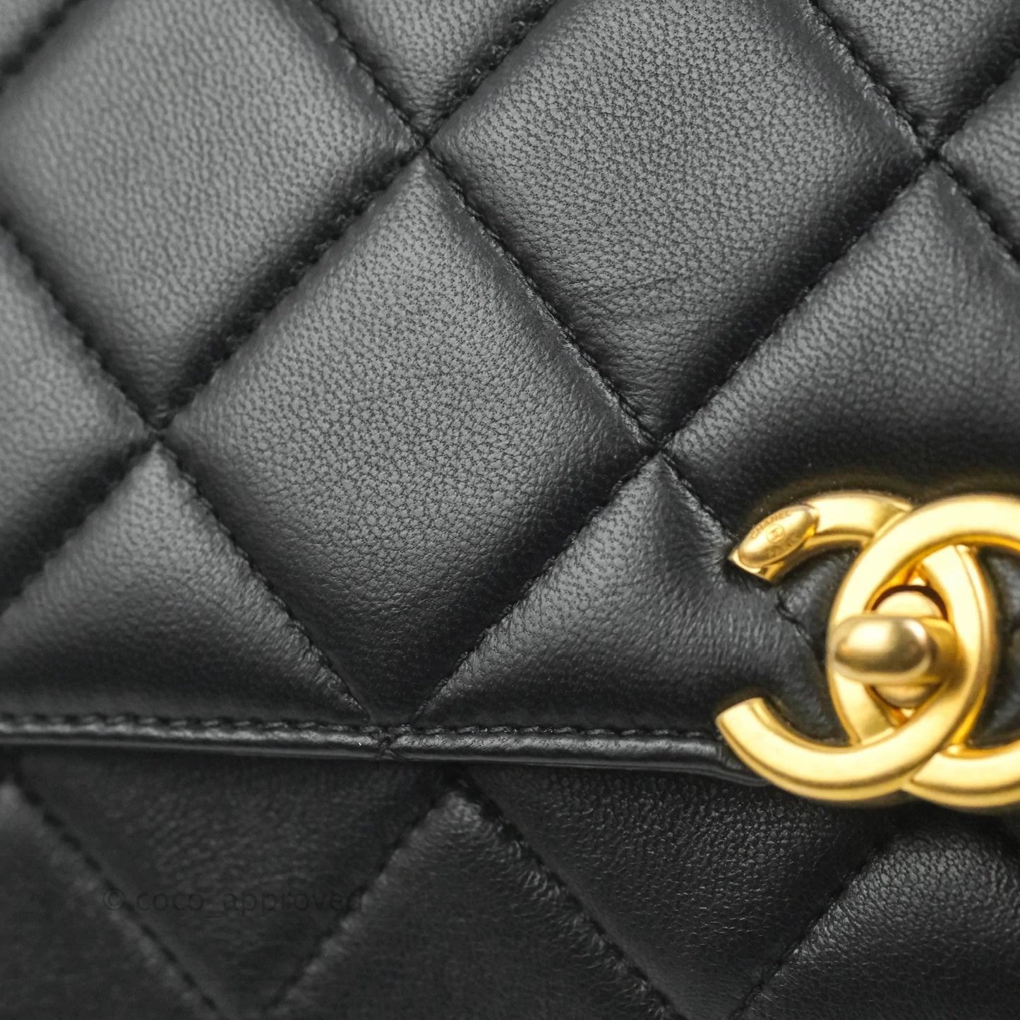 Chanel Quilted Small Flap Bag with CC Crystal Logo Handle Black Lambskin Aged Gold Hardware