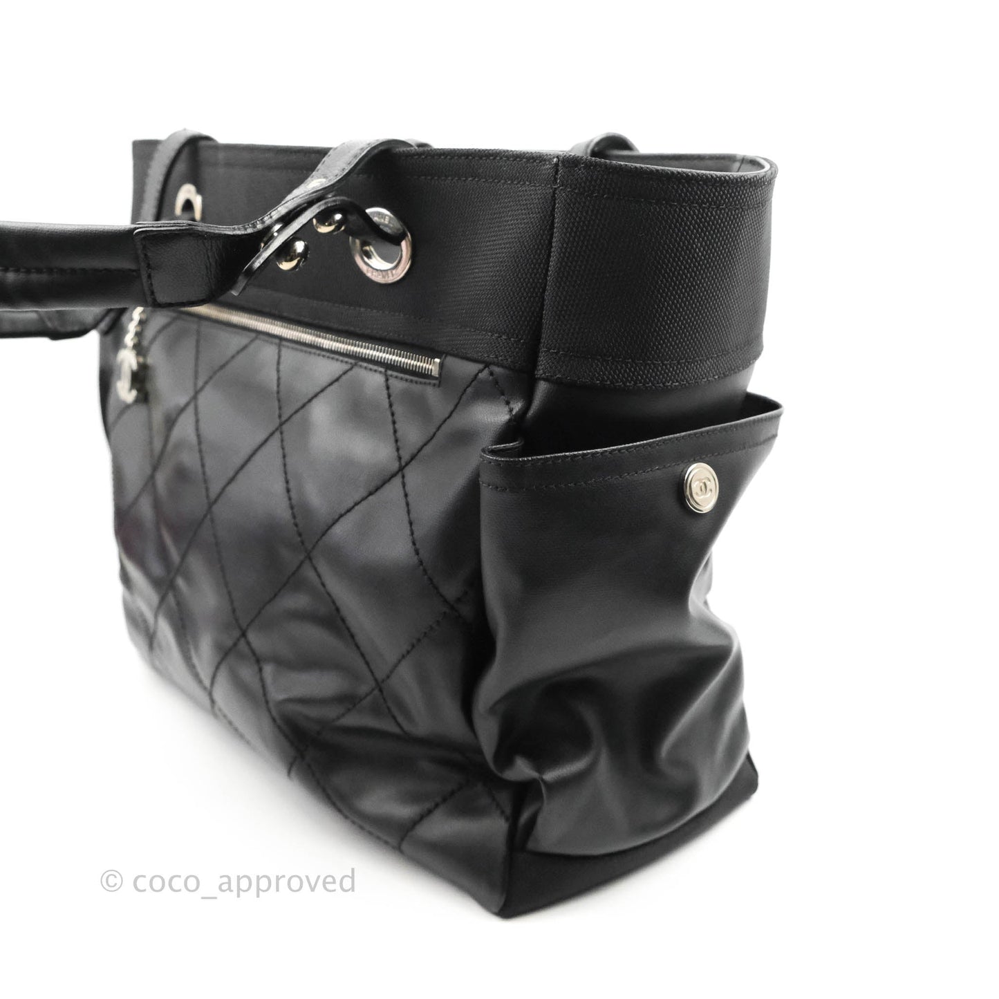 Chanel Quilted Large Paris Biarritz Tote Black Coated Canvas