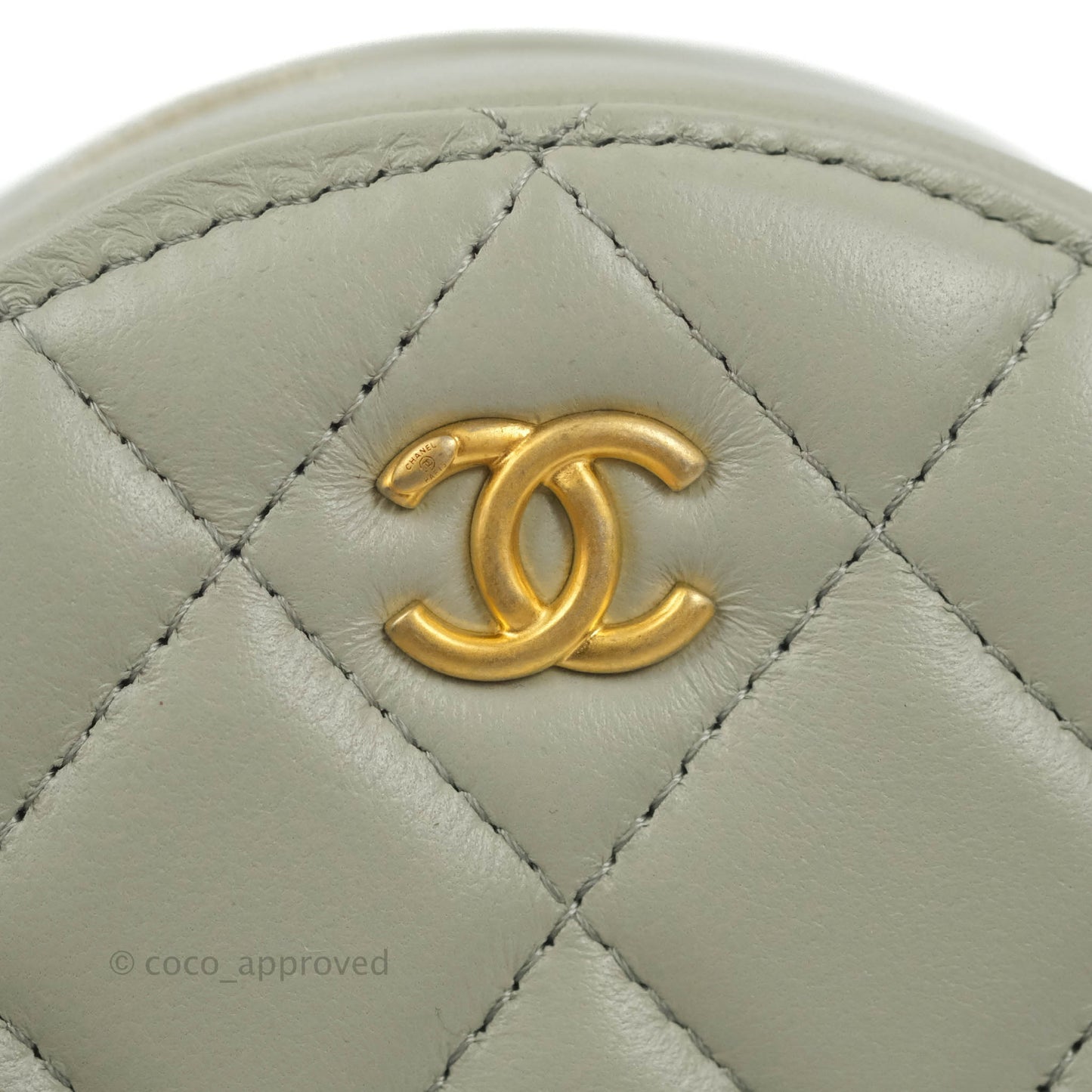 Chanel Quilted Round Pearl Crush Clutch With Chain Grey Lambskin Aged Gold Hardware