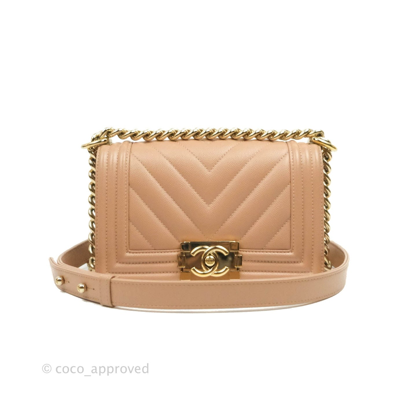 Chanel Small Chevron Boy Dark Beige Caviar Gold Hardware