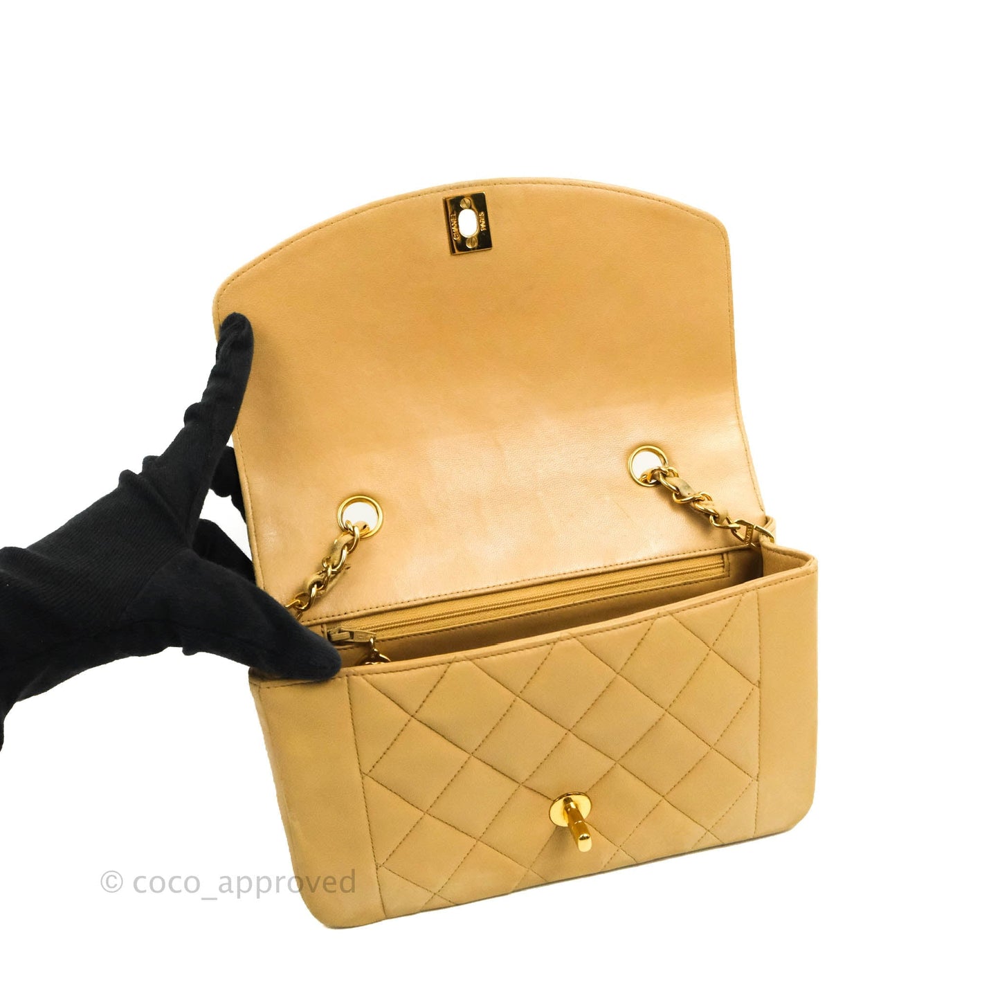 Chanel Vintage Small Quilted Classic Diana Flap Bag Beige Lambskin 24K Gold Hardware