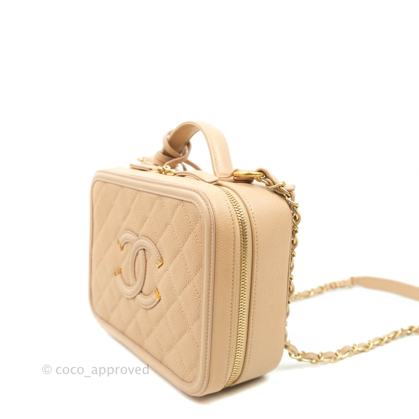 Chanel Quilted Medium CC Filigree Vanity Case Beige Caviar Gold Hardware