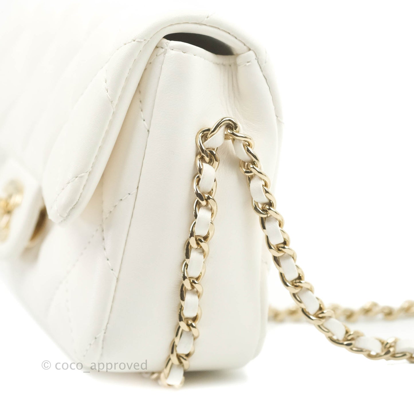 Chanel Small Logo Pearl Chain Flap Bag White Lambskin Gold Hardware