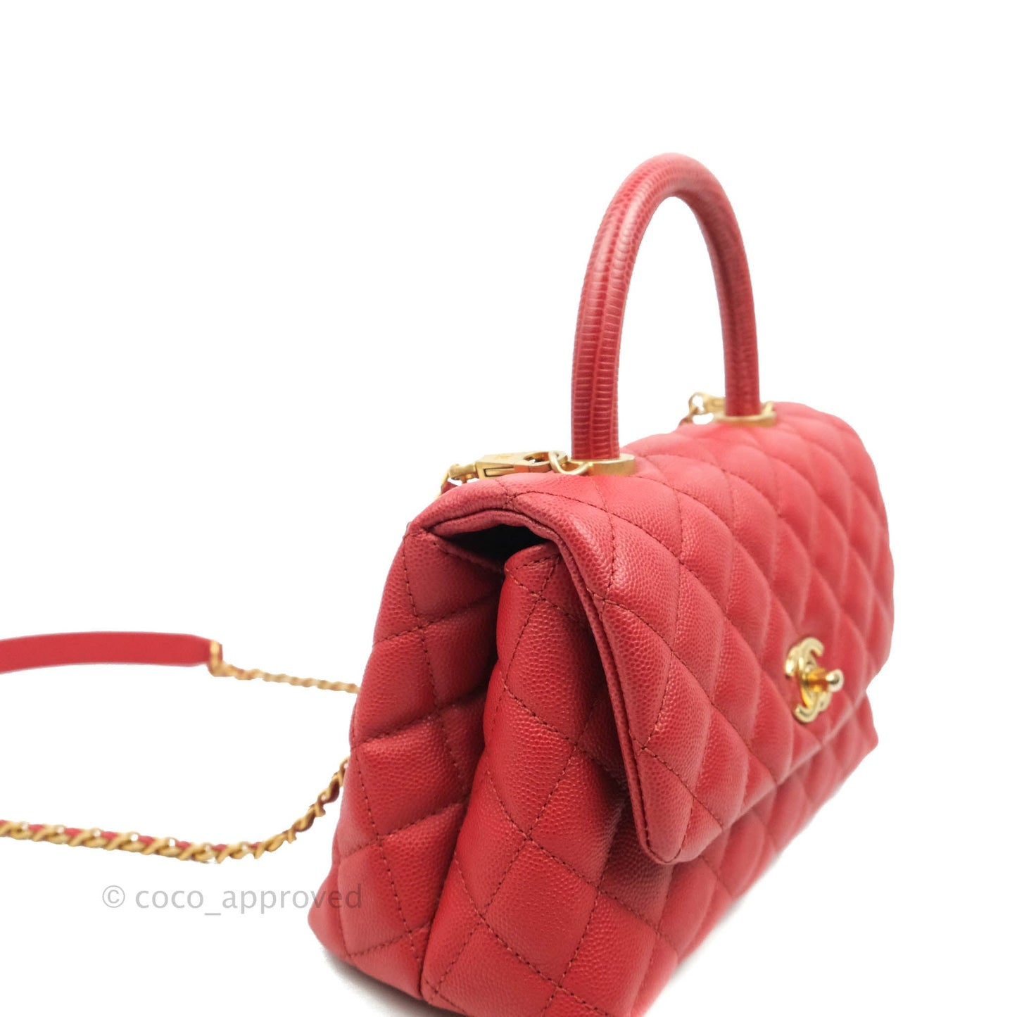Chanel Small Quilted Coco Handle Red Caviar Gold Hardware