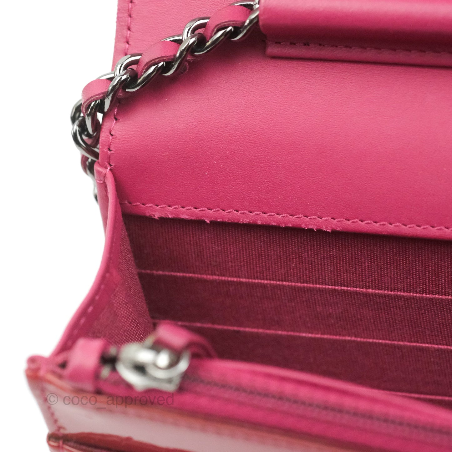 Chanel Wallet on Chain WOC Quilted Red Patent Ruthenium Hardware