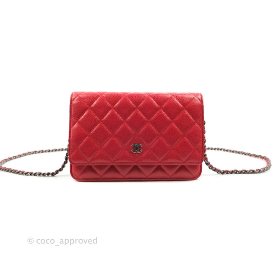 Chanel Quilted Classic Wallet on Chain WOC Red Caviar Ruthenium Hardware