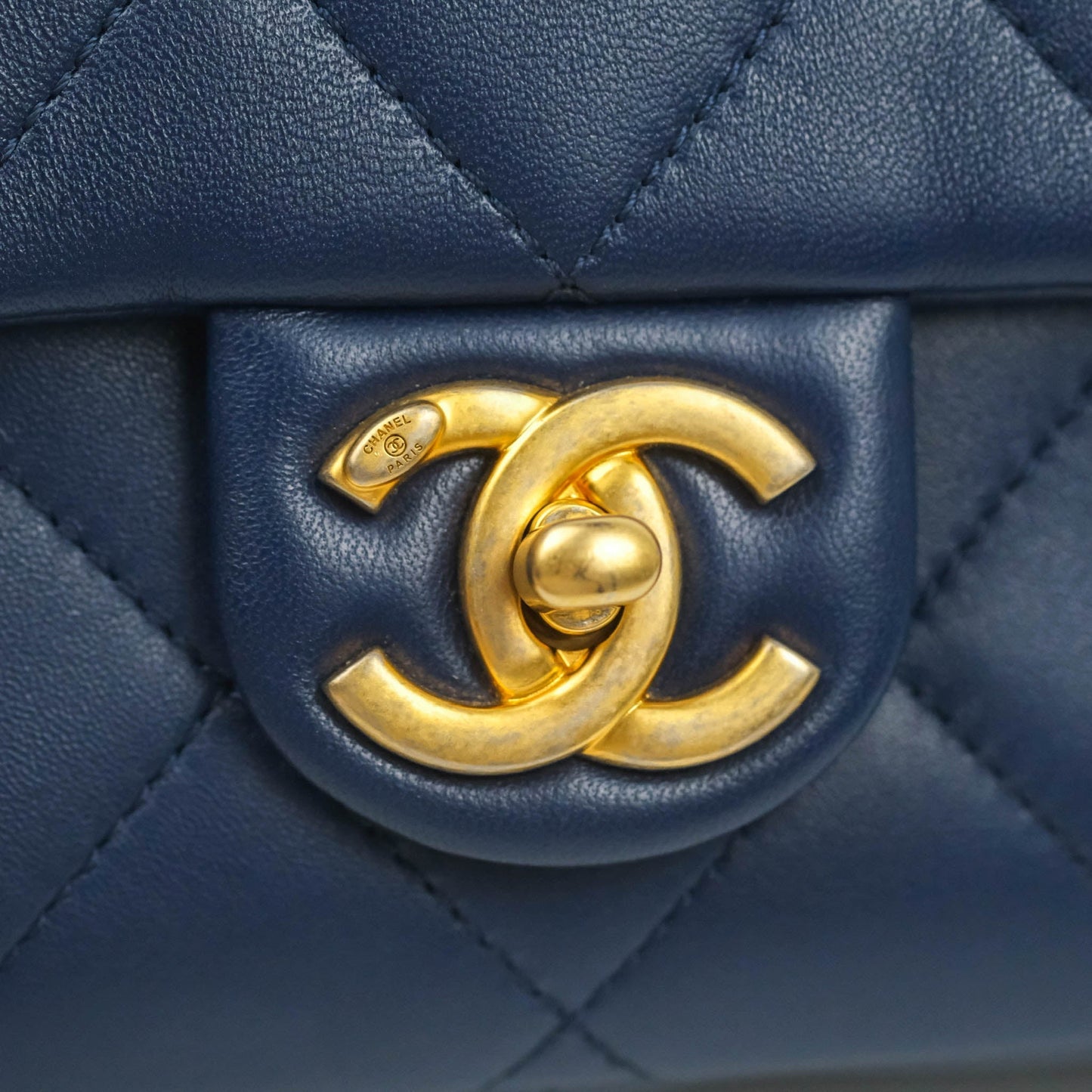 Chanel Circular Handle Flap Bag Navy Lambskin Aged Gold Hardware