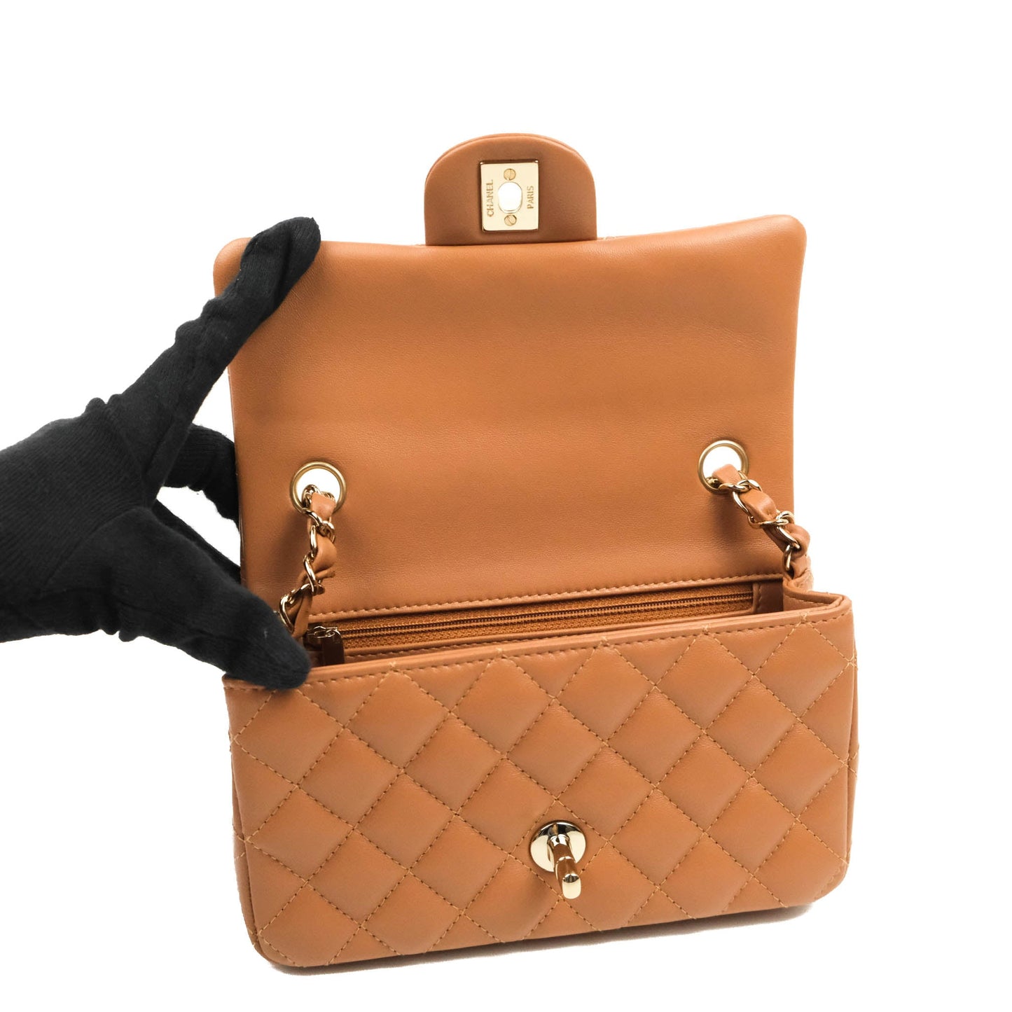 Chanel Quilted Mini Rectangular Flap Caramel Lambskin Gold Hardware 22S