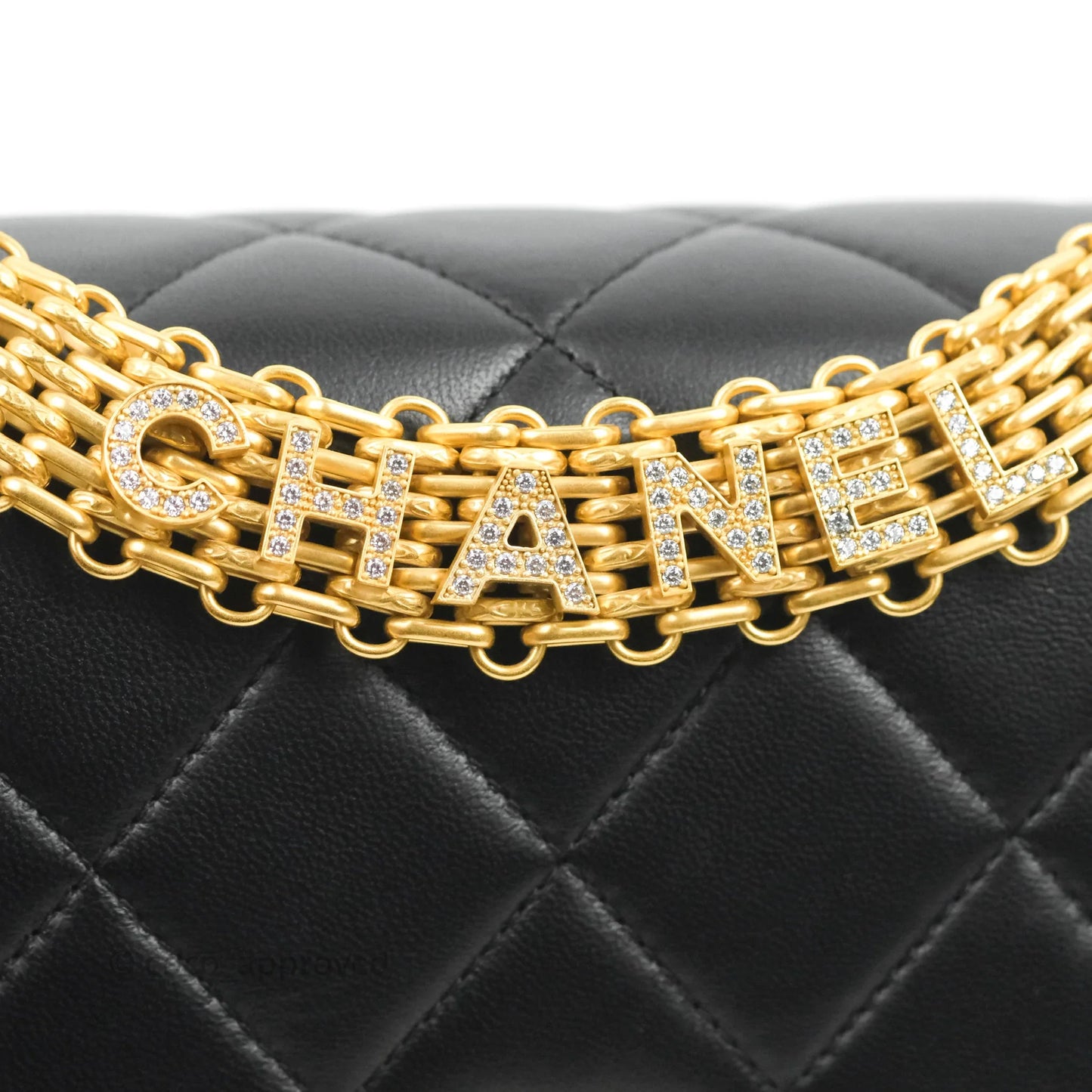 Chanel Quilted Small Flap Bag with CC Crystal Logo Handle Black Lambskin Aged Gold Hardware