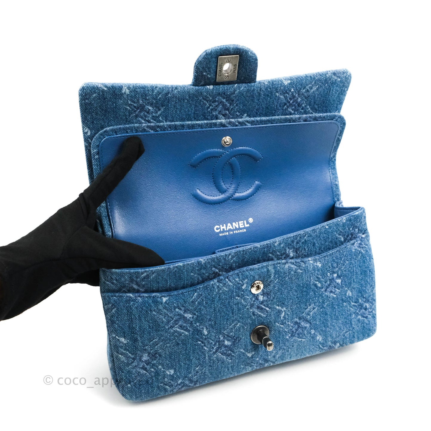 Chanel Classic M/L Medium Double Flap Blue Denim Ruthenium Hardware