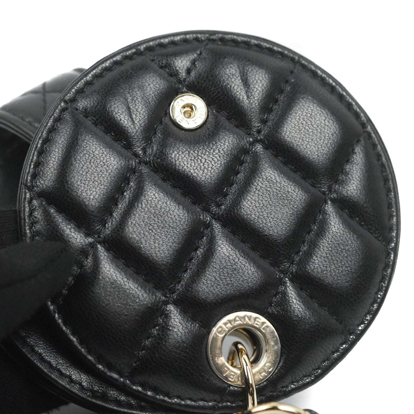 Chanel Quilted Round Luggage Tag Black Lambskin Gold Hardware