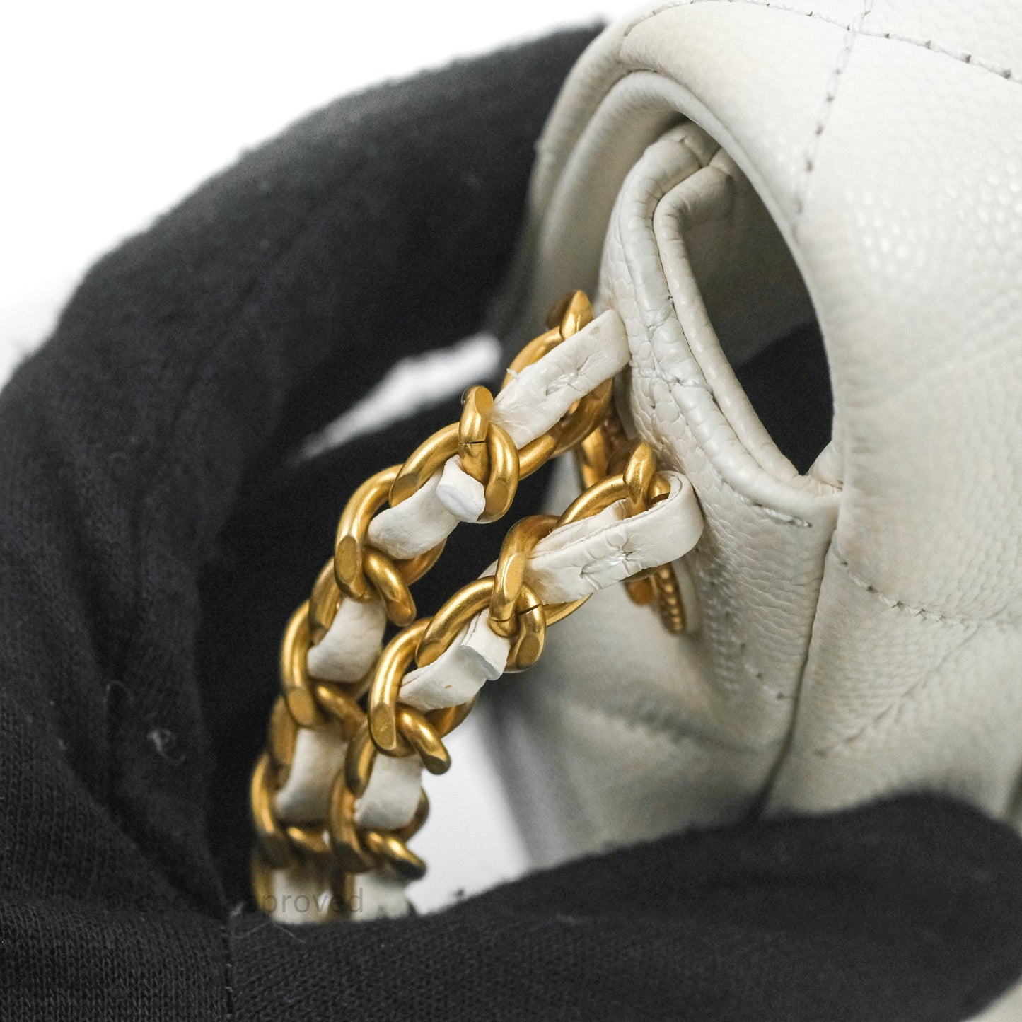 Chanel Mini Flap with Coin Charm White Caviar Aged Gold Hardware 22A