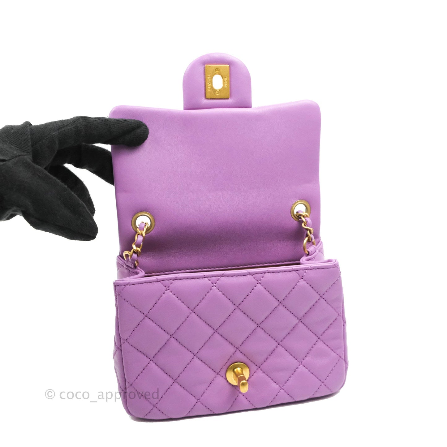 Chanel Mini Square Pearl Crush Quilted Purple Lambskin Aged Gold Hardware