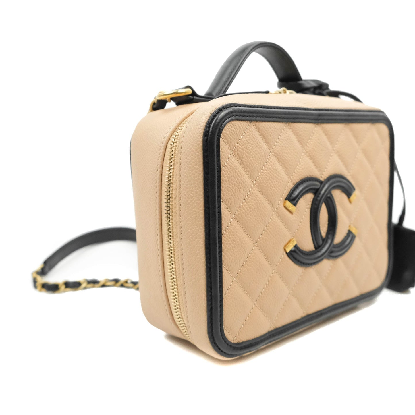 Chanel Quilted Medium CC Filigree Vanity Case Beige Caviar Gold Hardware