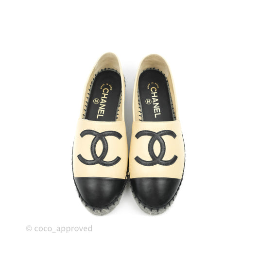 Chanel Espadrille Black Beige Leather Size 36C