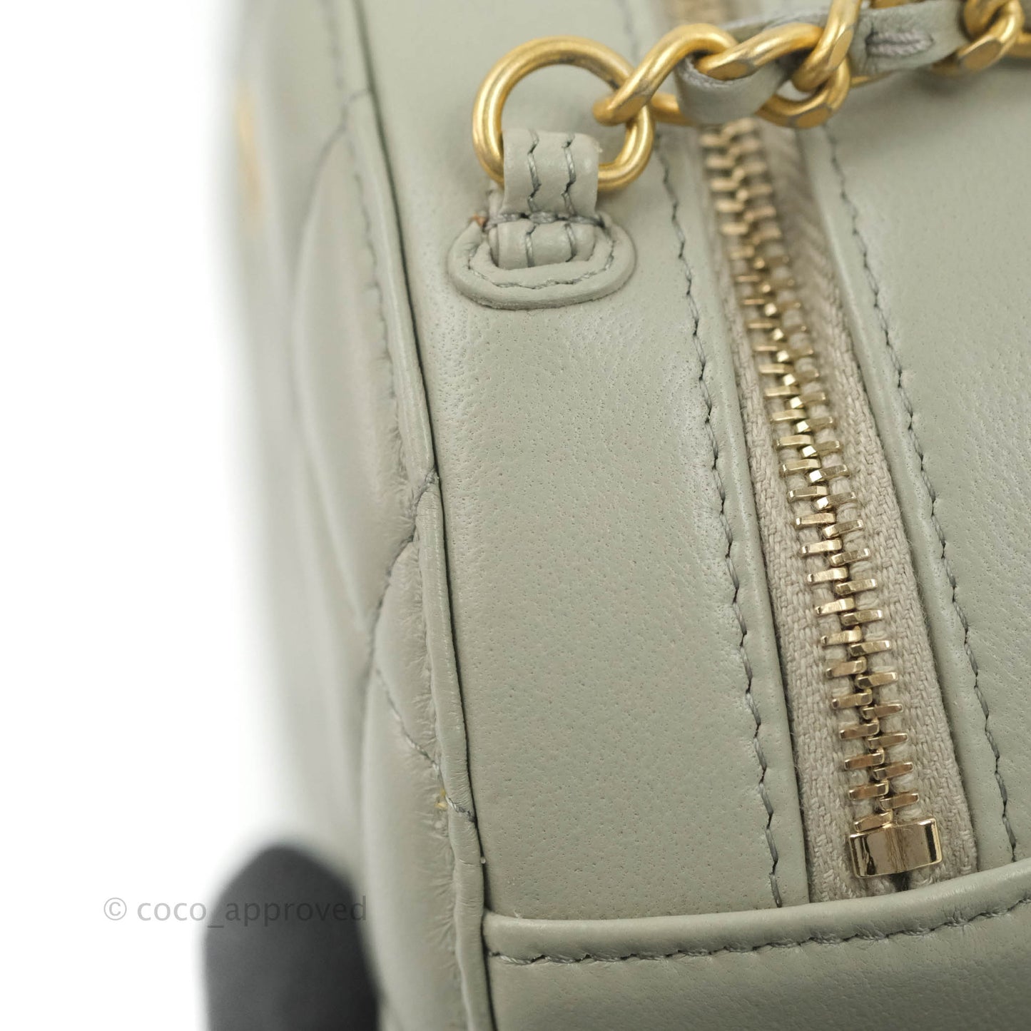 Chanel Quilted Round Pearl Crush Clutch With Chain Grey Lambskin Aged Gold Hardware