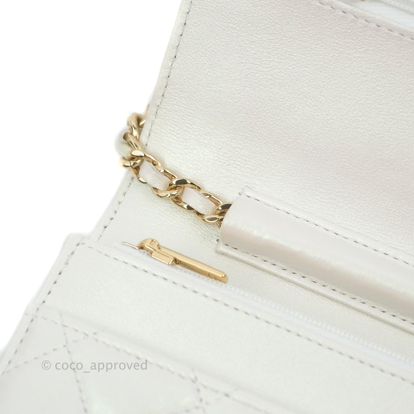 Chanel Quilted Classic Wallet on Chain WOC Iridescent White Lambskin Gold Hardware