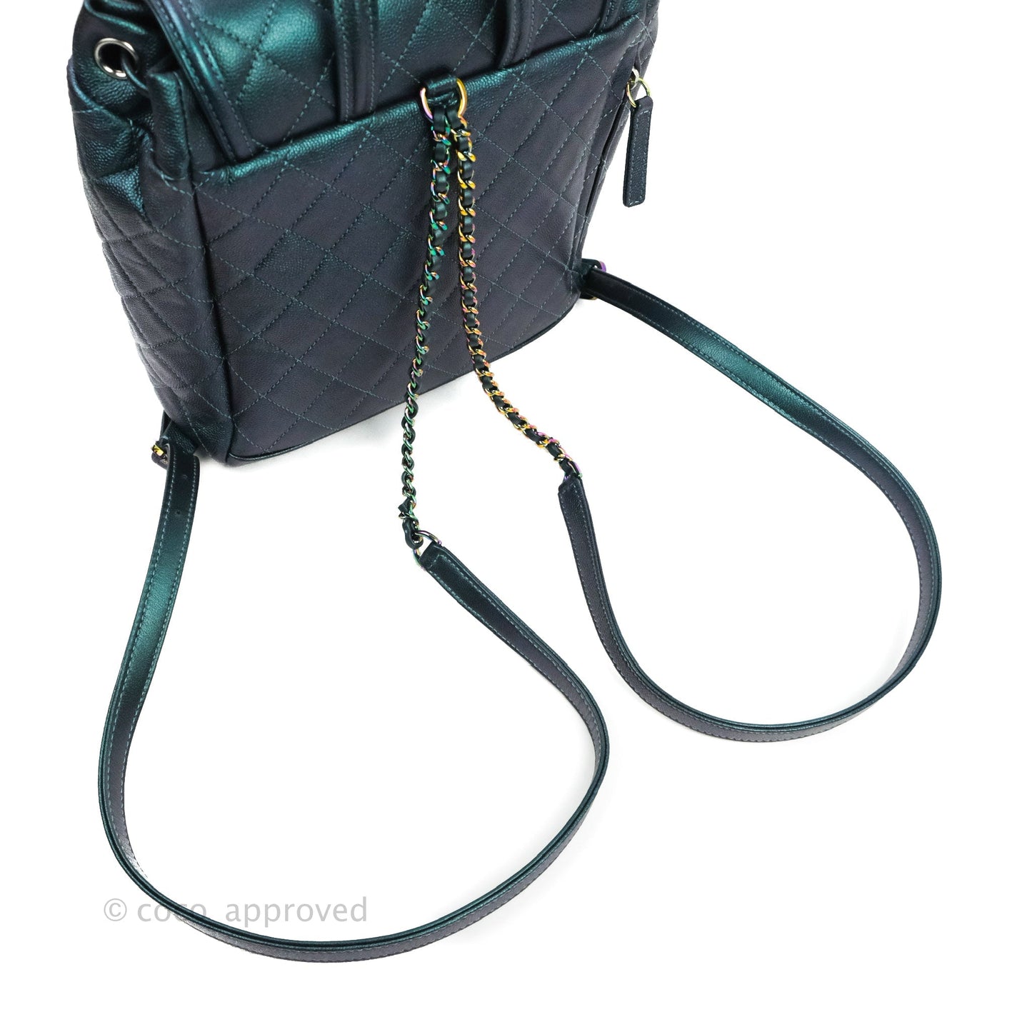 Chanel Quilted CC Filigree Backpack Caviar Iridescent Dark Turquoise Rainbow Hardware