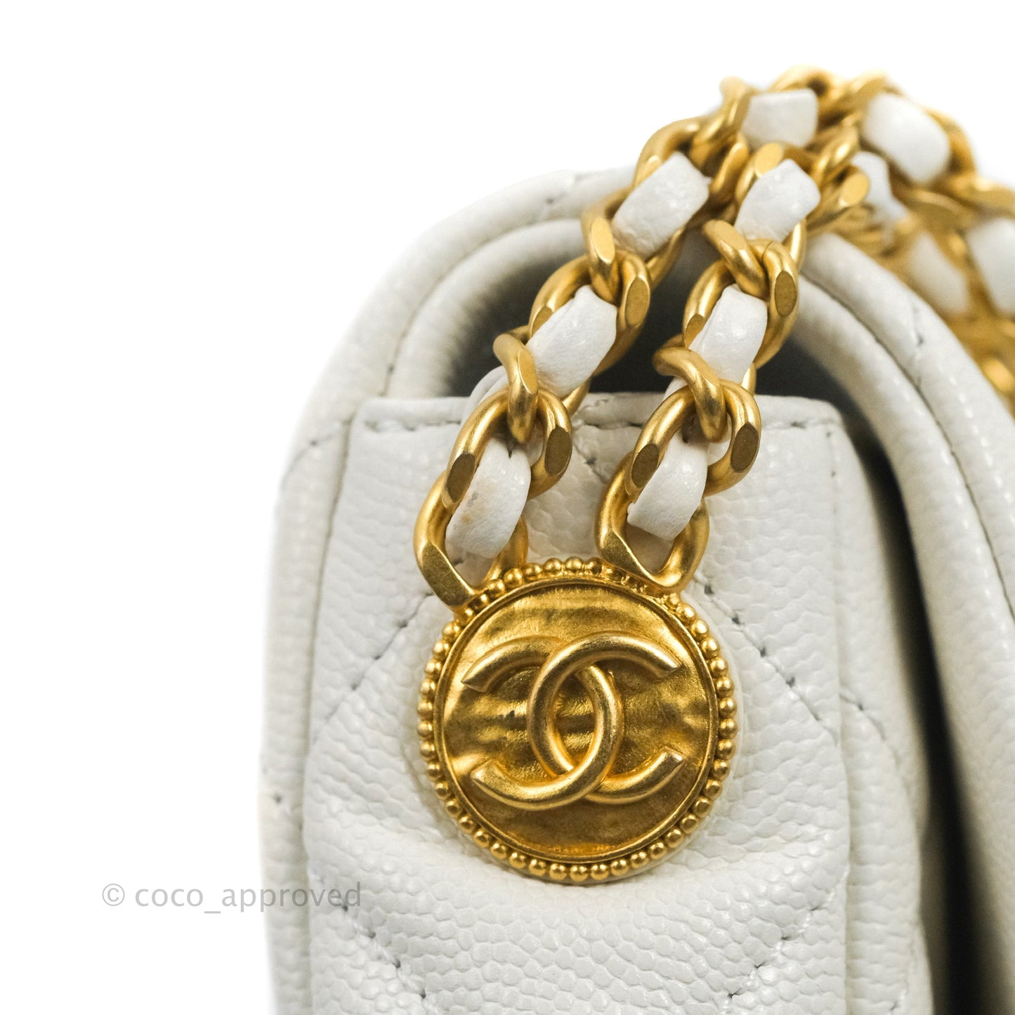 Chanel Mini Flap with Coin Charm White Caviar Aged Gold Hardware 22A