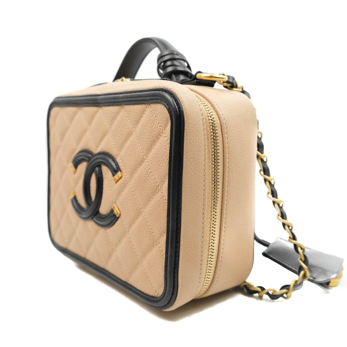 Chanel Quilted Medium CC Filigree Vanity Case Beige Caviar Gold Hardware