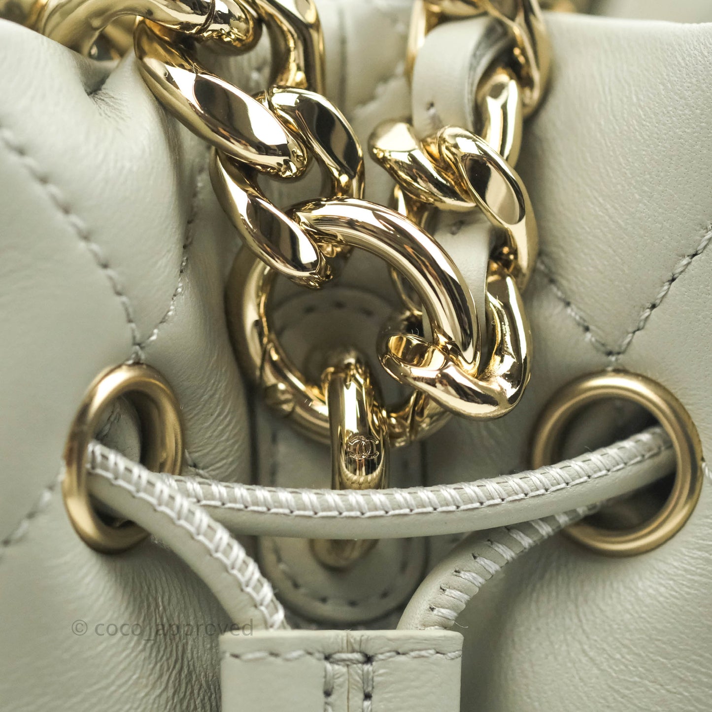 Chanel Quilted Drawstring Bucket Bag Grey Lambskin Gold Hardware 22C