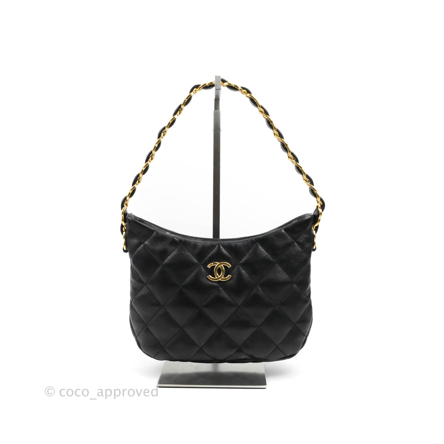 Chanel Small Hobo Bag CC Chain Black Calfskin Aged Gold Hardware 22K