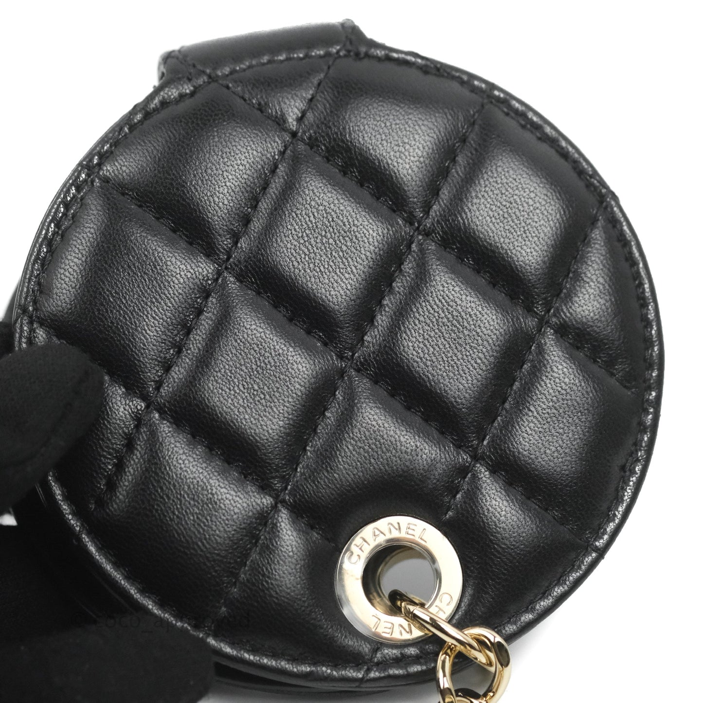 Chanel Quilted Round Luggage Tag Black Lambskin Gold Hardware