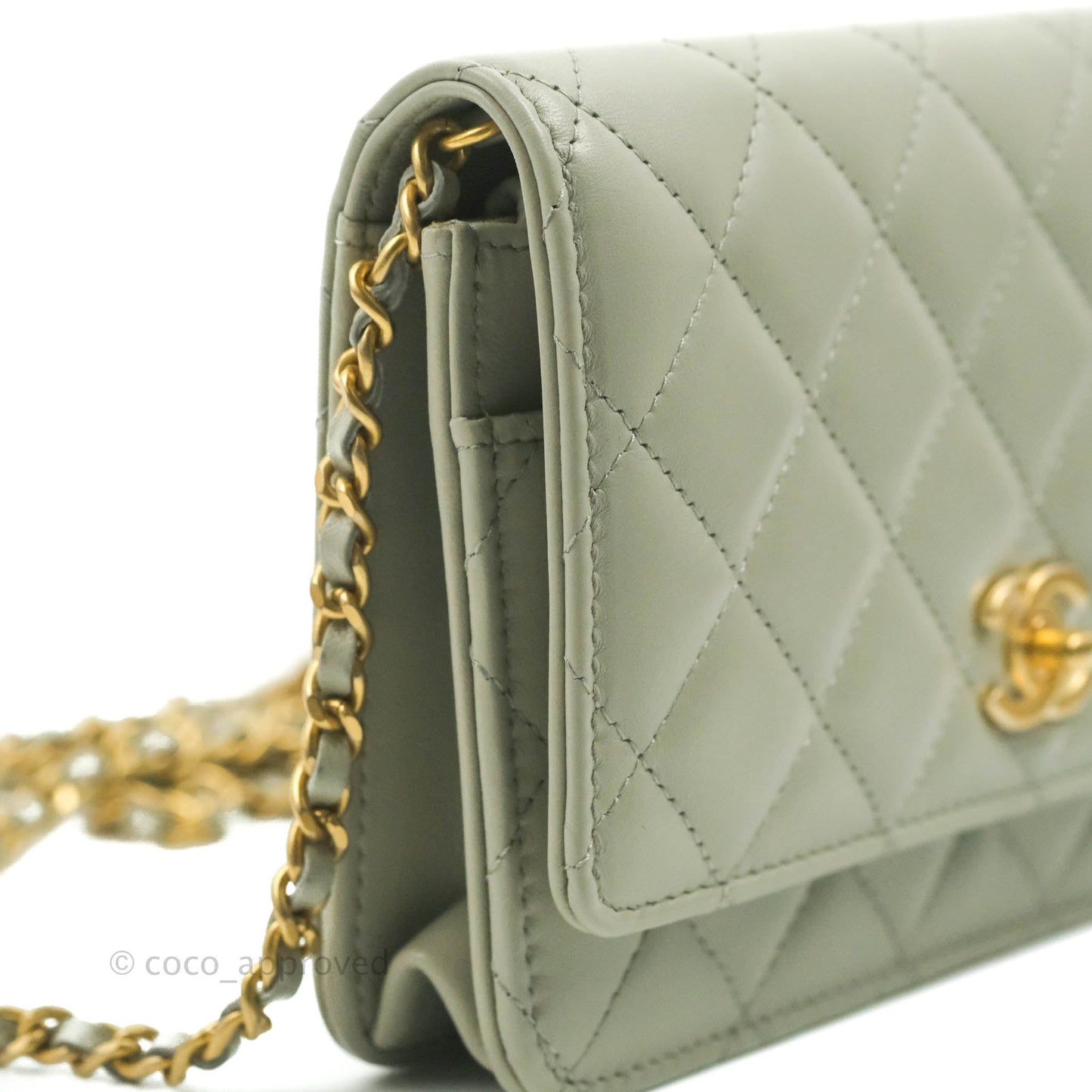 Chanel Quilted Pearl Crush Wallet on Chain WOC Light Grey Lambskin Aged Gold Hardware 22C