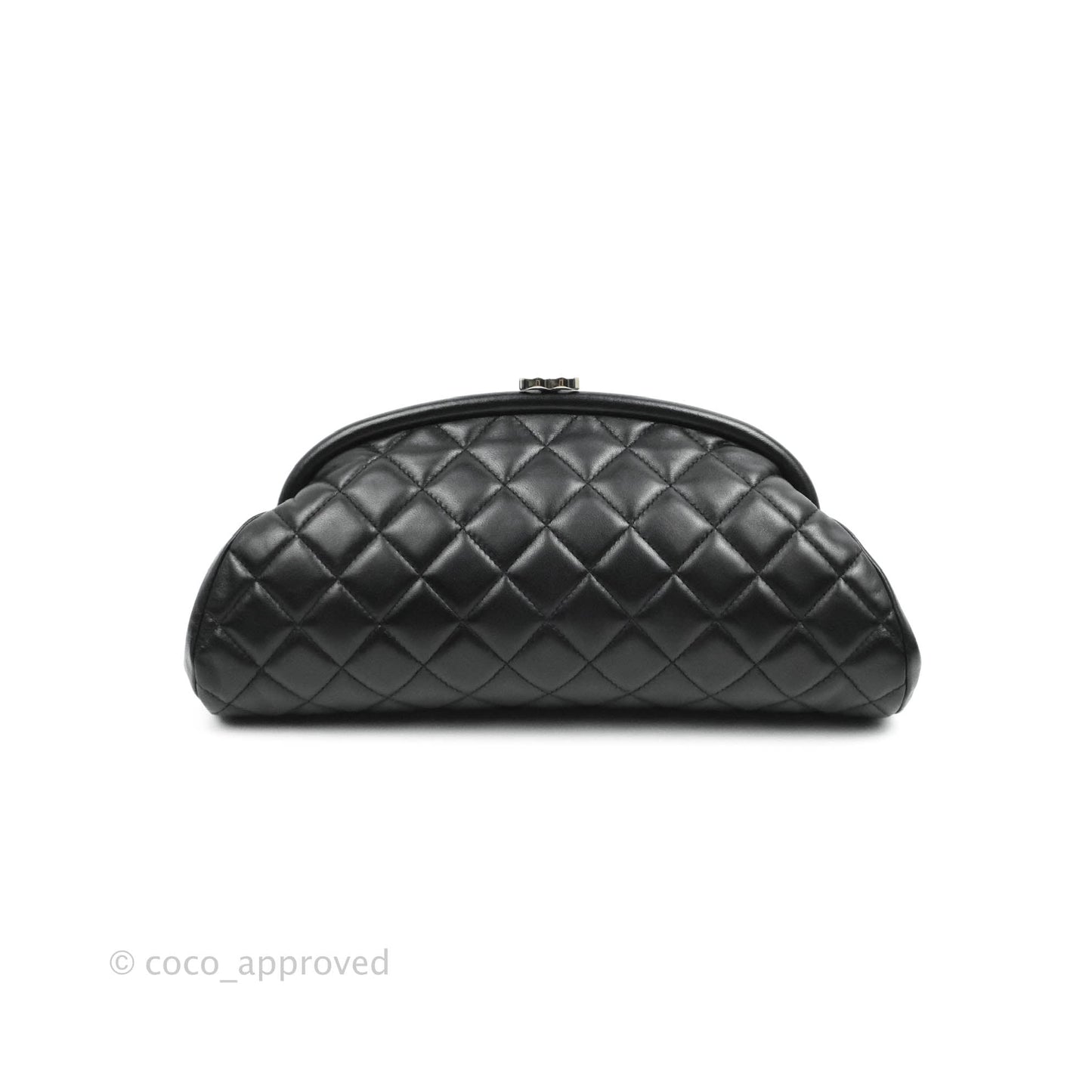 Chanel Quilted Timeless Kisslock Clutch Black Lambskin Silver Hardware