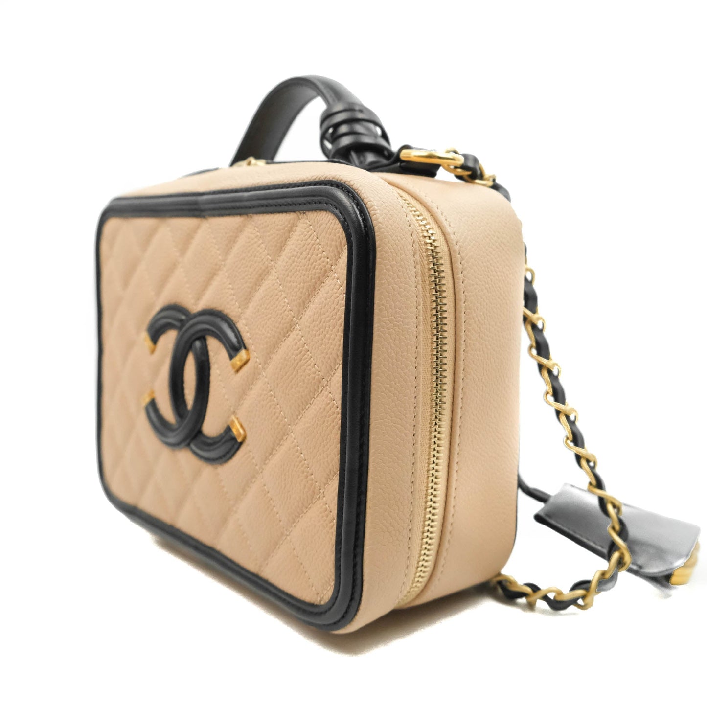 Chanel Quilted Medium CC Filigree Vanity Case Beige Caviar Gold Hardware