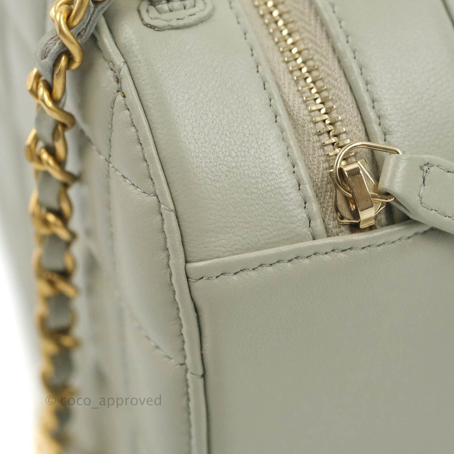 Chanel Quilted Round Pearl Crush Clutch With Chain Grey Lambskin Aged Gold Hardware