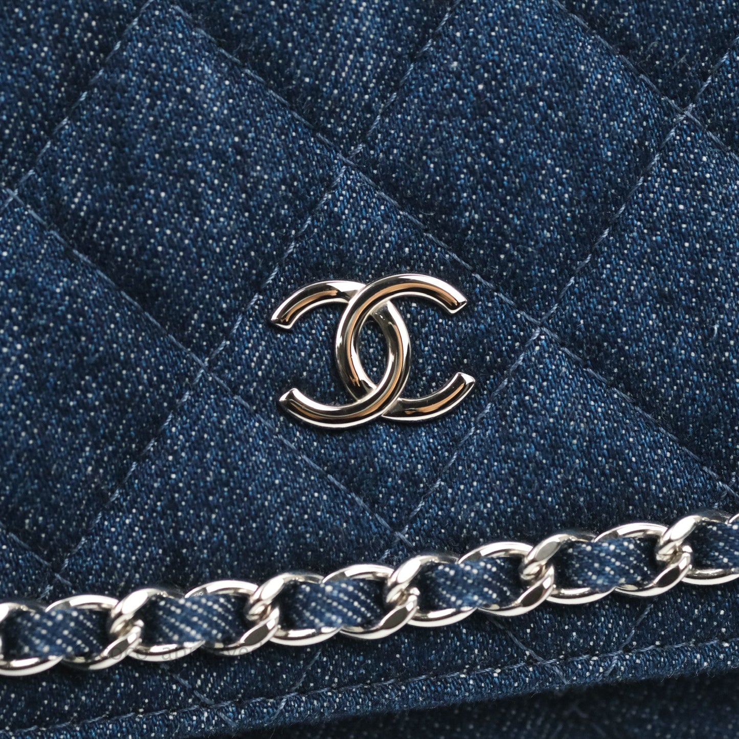 Chanel Quilted Chain Around Wallet on Chain WOC Dark Blue Denim Silver Hardware