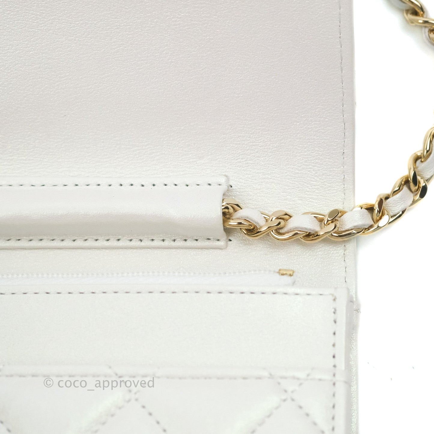 Chanel Quilted Classic Wallet on Chain WOC Iridescent White Lambskin Gold Hardware