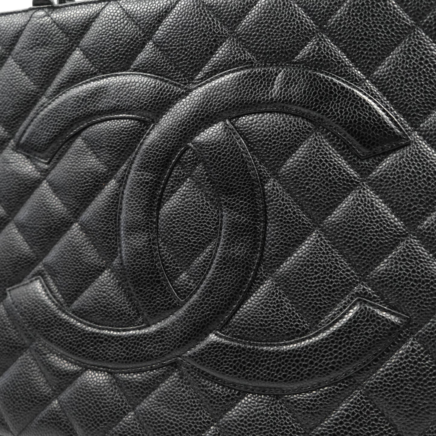 Chanel Medallion Vintage CC Black Caviar Tote Bag Silver Hardware