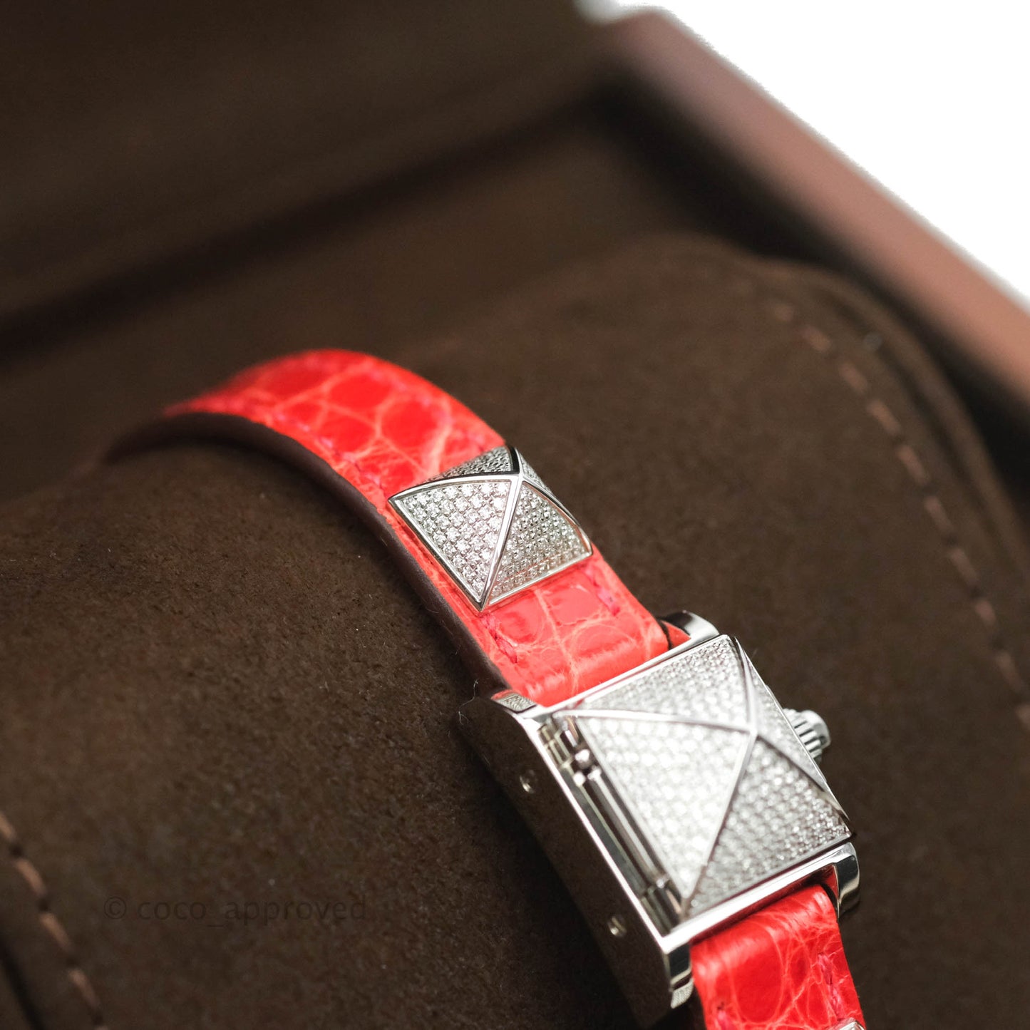 Hermes Pave Diamond Medor Red Crocodile Watch Bracelet Palladium Hardware