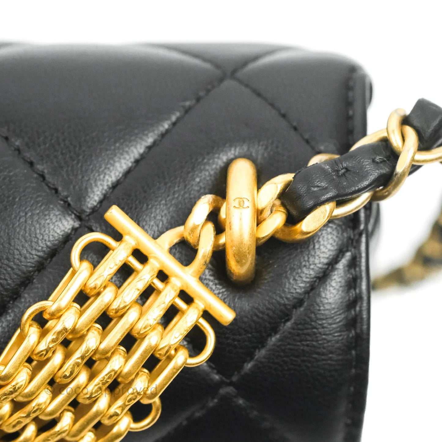 Chanel Quilted Small Flap Bag with CC Crystal Logo Handle Black Lambskin Aged Gold Hardware