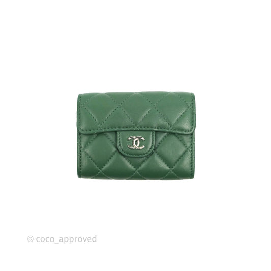 Chanel Classic Flap Coin Purse Dark Green Lambskin Silver Hardware